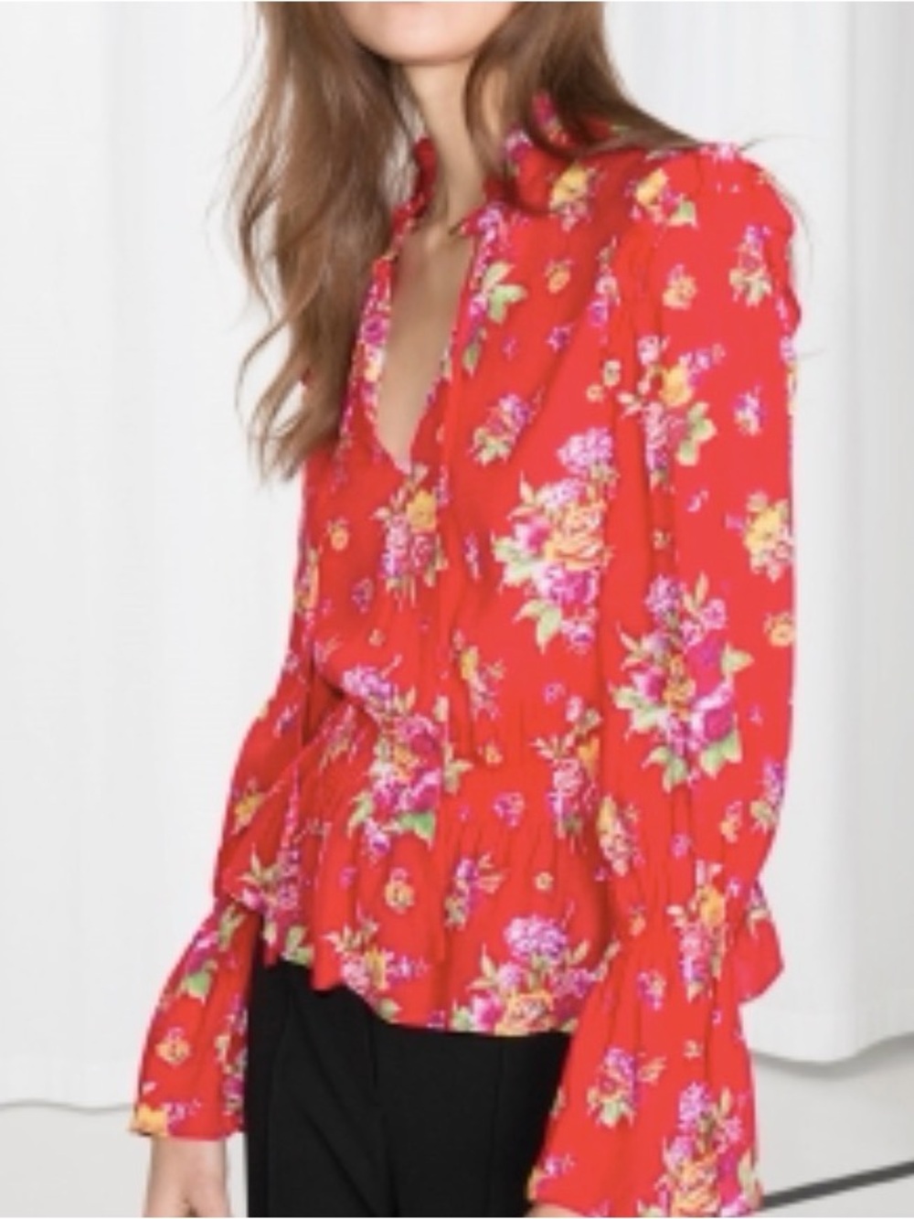& Other Stories Floral Tie-Neck Peasant Blouse - Red